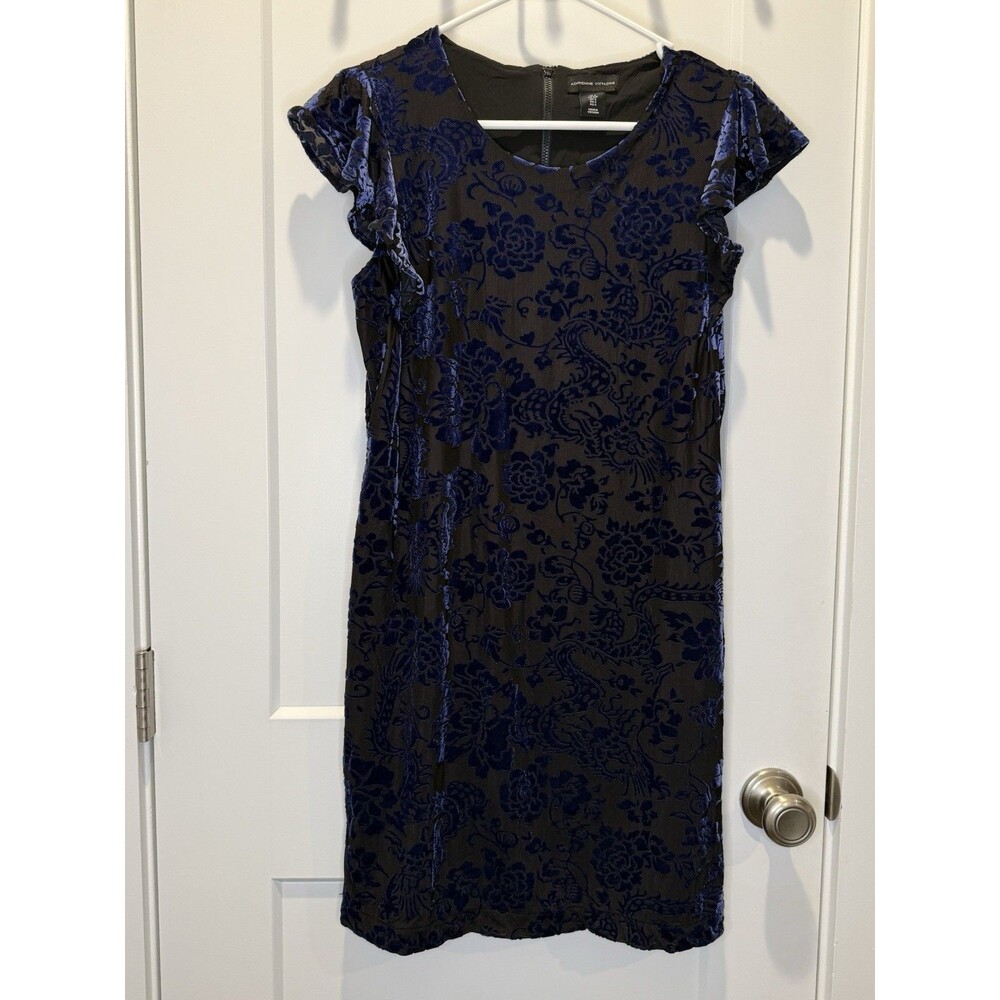 Adrienne Vittadini Mini Dress Black with Blue Velvet Burnout Pattern Size Small